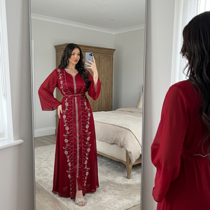 Abaya ouverte deux pièces pour femmes, en mousseline de soie, avec robe intérieure soyeuse, strass thermocollés, OEM - Product Image 1