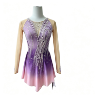 Robe de patinage et de danse pour enfants et adultes, dégradé violet-rose, manches longues en maille, jupe à pétales ornée de strass et de paillettes, pour compétition et spectacle de patinage artistique