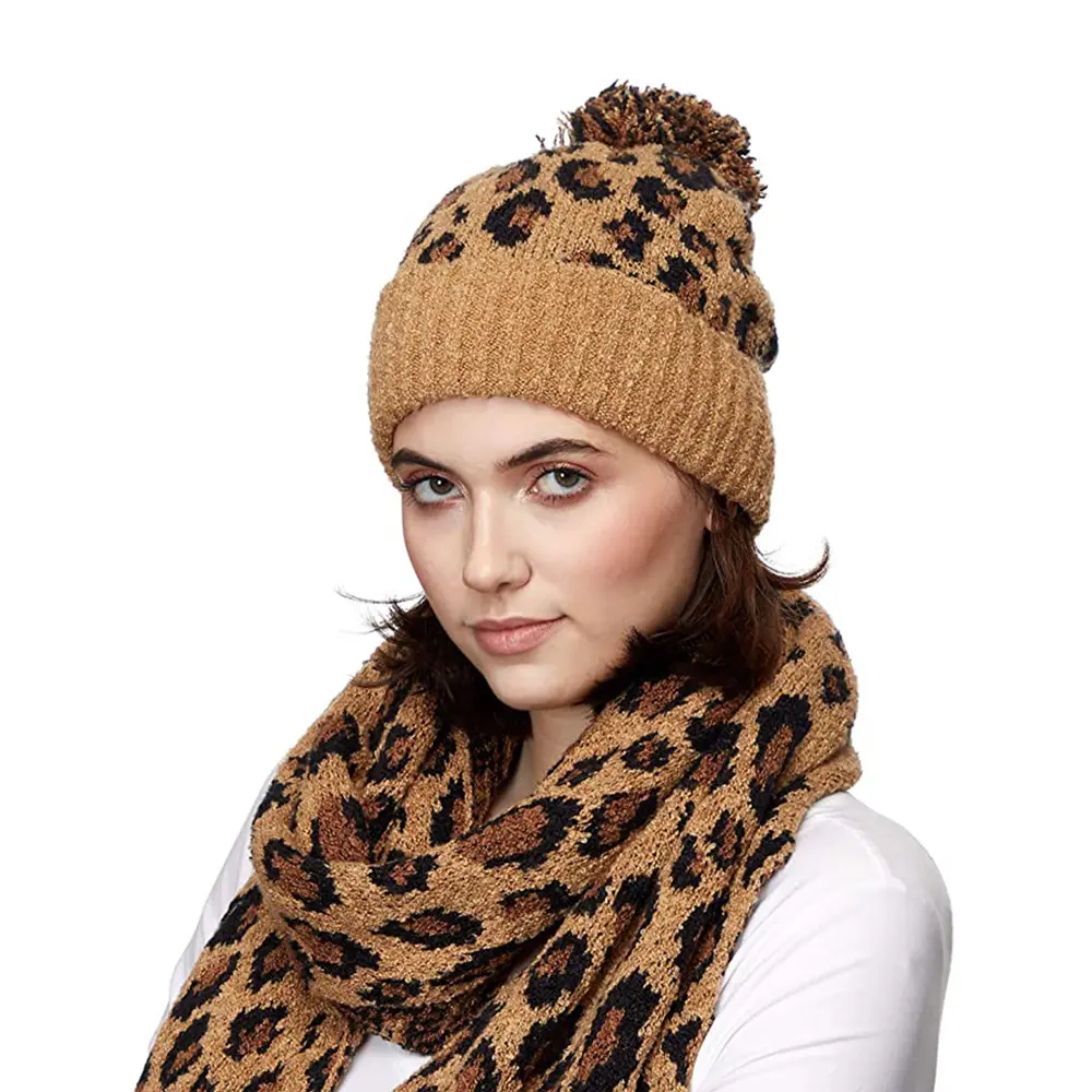 Amazon Winter Custom Unisex Warm Stylish 100%cotton Jacquard Knitted Beanie Hat Scarf Leopard Pattern