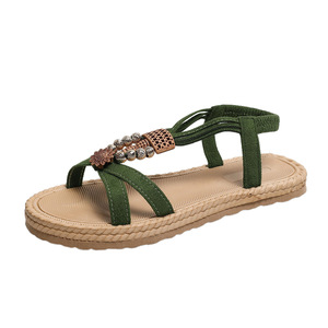 Summer Ladies Bohemian Thick Sole <b>Sandals</b> Retro Bead Carved Metal Ornament Open Toe <b>Elastic</b> Back Strap Outdoor Shoes - Product Image 6