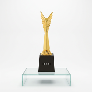 Golden Metal Angel Trophy with Polished Finish and Black Base on Glass Stand - Product Image 1