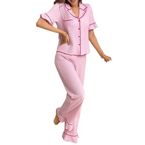Ingrosso primavera ed estate nuovo stile pigiama <span class=keywords><strong>da</strong></span> donna Set di indumenti <span class=keywords><strong>da</strong></span> notte con bottone a risvolto a manica corta pantaloni lunghi a due pezzi per la <span class=keywords><strong>casa</strong></span> <span class=keywords><strong>vestiti</strong></span> - Product Image 3