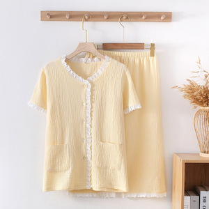 Vêtements de nuit d'été à manches courtes pour femmes Pantalon en pur coton avec taille élastique Vêtements de maison confortables pour femmes - Product Image 6