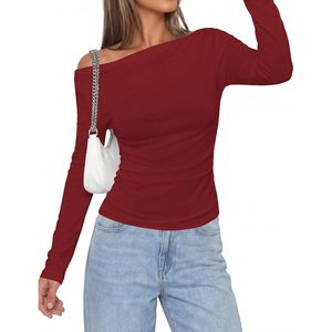 Off The Shoulder <b>Top</b> For Women Long Sleeve Fitted Ribbed Ruched Y2K Style Casual Wear - Product Image 6