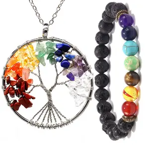 Wholesale natural stone gravel Tree of Life pendant necklace 7 chakra crystal healing yoga lava bracelet gemstone jewelry set