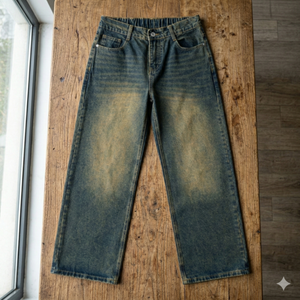 Jeans personnalisés pour hommes, coupe ample et décontractée, jambe large, denim délavé bleu, jeans de loisirs pour hommes - Product Image 1