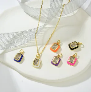 2022 high quality copper pave rhinestone geometric square drop oil pendant necklace for women
