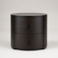 Table de chevet cylindrique moderne en bois fumé, 2 tiroirs, design écologique fait main, poignée noire, finition expresso pour chambre d'hôtel