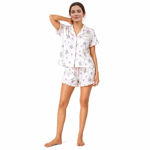 Ensemble de pyjama en satin de soie à imprimé floral pour femme, manches courtes, boutonnage frontal, deux pièces, avec cordon de serrage, été-automne, vente en gros - Product Image 1