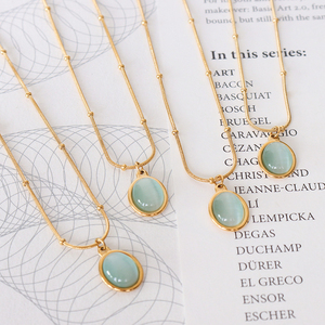 French Vintage Stainless Steel 18K Gold Ins Jewelry Natural Stone <strong>Opal</strong> Oval Cat Eye Pendant <strong>Necklace</strong> for Women Girls - Product Image 1