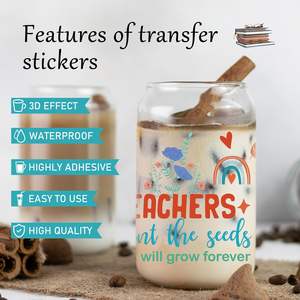 สติกเกอร์ติดแก้วขนาด 16 ออนซ์ ลายการ์ตูนน่ารักสำหรับครู  แบบ UV DTF  ลายดินสอ แอปเปิ้ล ไม้บรรทัด - Product Image 4