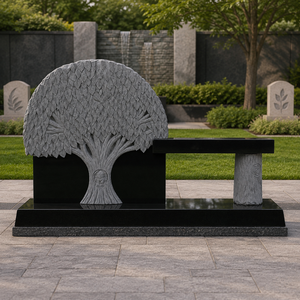 Monumento Conmemorativo de Granito Negro Natural Tallado con Árbol Chino Tradicional y Banco para Uso en Cementerios al Aire Libre - Product Image 2