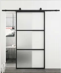 36 pulgadas X 85 pulgadas. 3 Lite Frost Glass Black Steel Frame Puerta interior precolgada con manija de puerta