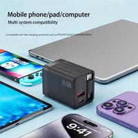 Câble rétractable 65W GaN PD 3.0 QC2.0 pour ordinateur portable, 2 ports Type-C et 1 port USB-A, charge rapide, prise UK, chargeur mural pour Macbook