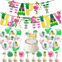 Décorations de fête d'anniversaire hawaïennes avec bannière, ballons, et décoration de gâteau pour les anniversaires Luau, les fêtes d'été tropicales et les barbecues.