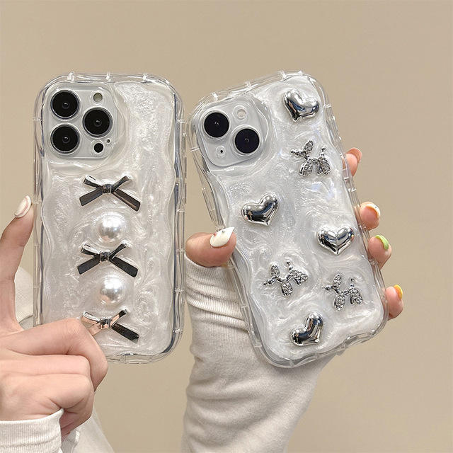 INS Style Design 3D Pearl Heart Drip Glue Bow Mobile Phone case for iPhone 15 13 12 11 17 Pro Max Cute Girl Glitter Back Cover