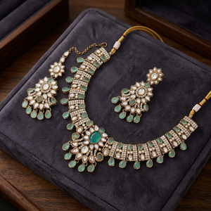 Conjunto de Collar Choker Kundan Chapado en Oro Antiguo Tradicional Indio con Cuentas de Piedras Preciosas Multicolores, Estilo Navratna, Conjunto de Joyería Nupcial - Product Image 2