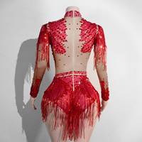 Body rouge à strass, maille nude, franges métalliques, col roulé, manches longues, costume de danse latine, drag, gogo, scène