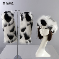 Ensemble deux pièces en fausse fourrure pour femme, automne-hiver, avec chauffe-jambes épais en peluche à motif léopard et chapeau écologique sans bord ouvert