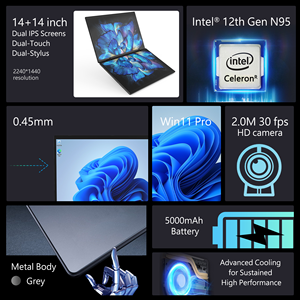 Nuovo PC Portatile 2-in-1 con Doppio Schermo Touch da 14 Pollici, Intel N100 Quad-Core, 8GB RAM, 256GB SSD, Windows 11, Uso Aziendale, IPS, Metallo - Product Image 2