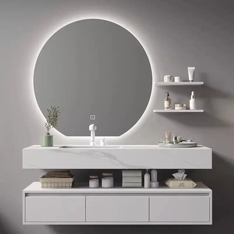 Furnitur hitam mewah Modern baskom kayu padat Hotel Cina kayu lapis kamar mandi Vanity dengan cermin Led kabinet SIMU segitiga