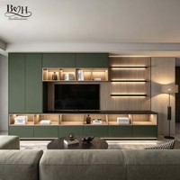 Rak TV LED Custom Bespoke dari Kayu Lapis Melamin dengan Kabinet Dinding dan Rak Penyimpanan Terbuka untuk Ruang Tamu Interior Mewah