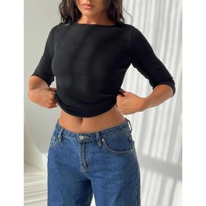 FOXA Top corto de manga 3/4 con cuello barco para mujer, tejido acanalado, corte ajustado, informal, básico, para primavera y verano - Product Image 2