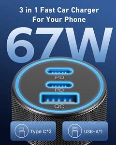 Cargador de coche <span class=keywords><strong>TKT</strong></span> PD QC3.0, <span class=keywords><strong>3</strong></span> puertos, 67W, adaptador de corriente de carga rápida, compatible con iPhone, dispositivos inteligentes, función de encendedor de cigarrillos - Product Image 3