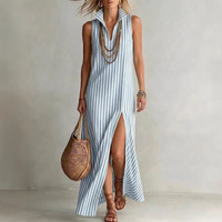 Robe midi décontractée d'été pour femme grande taille, à rayures, col montant, sans manches, fente latérale, pour dropshipping Shopify