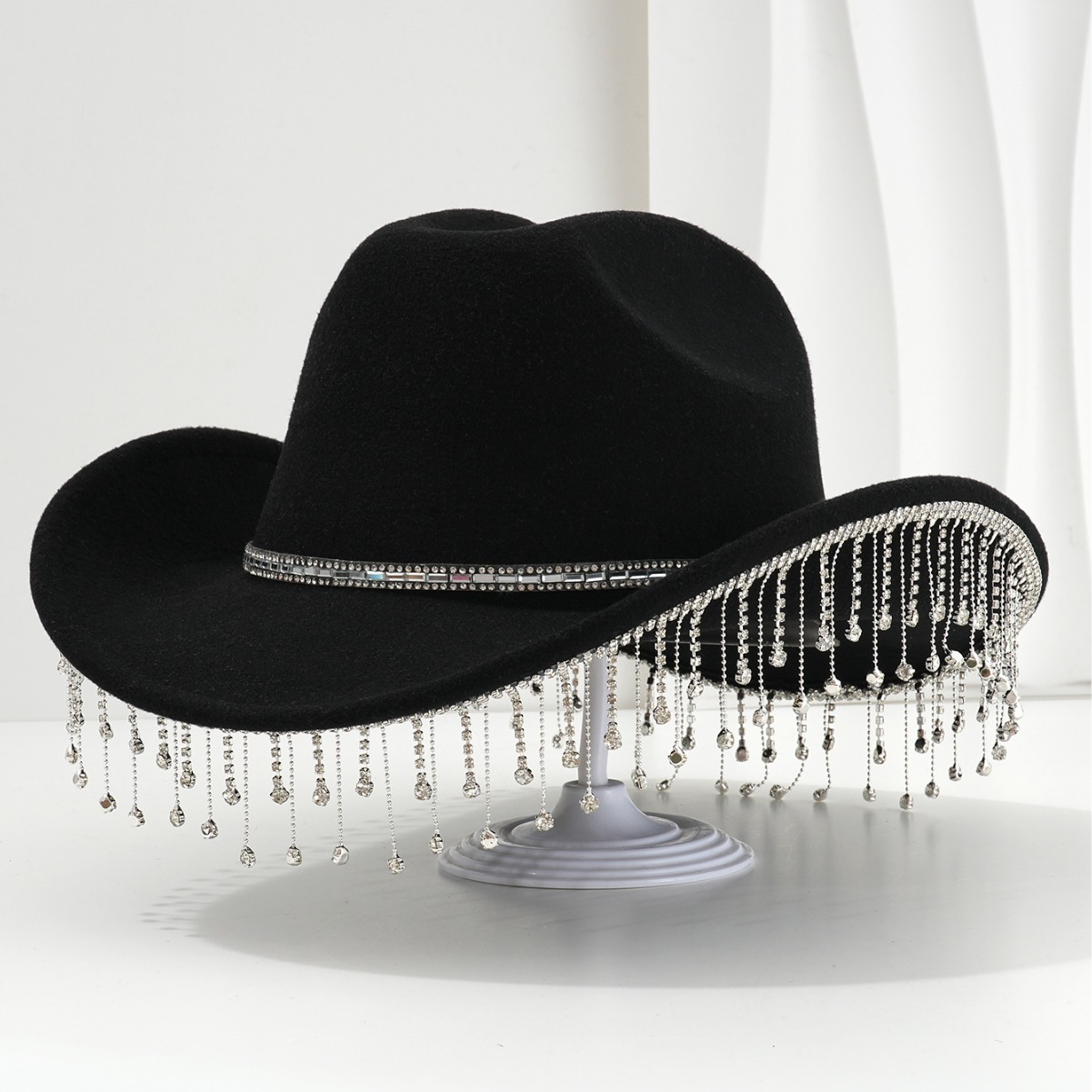 Adult Women Cowgirl Felt Wide Brim Hat with Rhinestone Fringe