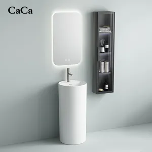 CaCa lüks yuvarlak şekil standı tek parça banyo lavabo seramik ayaklı lavabo akıllı ayna ve kabine ile