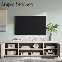Console TV moderne en aulne rainuré blanc de 70 pouces avec rangement, centre de divertissement au profil arrondi adapté aux téléviseurs jusqu'à 80 pouces