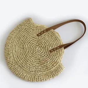 Fashion Bali Woven Rattan Round Tote Bag Wholesale Leather Handle Woman's Beach Bag Straw