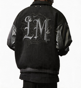 Chaqueta Varsity Negra de Lana para Hombre, Estilo Urbano, Bordada, <span class=keywords><strong>con</strong></span> Mangas de Cuero Sintético, Estilo Hip Hop Gótico, Oversize - Product Image 2