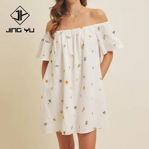 Manufacturer's summer off-shoulder embroidered floral <b>dress</b> custom COTTON GAUZE mini <b>dress</b> with pockets - Product Image 1