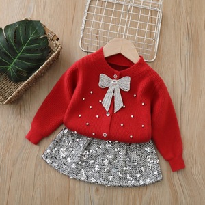 Cardigan in <span class=keywords><strong>Maglia</strong></span> con Strass e Gonna con Paillettes per Bambine, Completo Invernale da 2 Pezzi per le Festività - Product Image 2