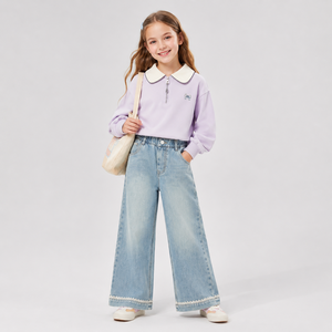 Jeans a Gamba Larga MZJ per Ragazze con Orlo in Pizzo, Morbidi e Lavati, Vita Alta Elastica, Pantaloni in Denim Casual per Uso Quotidiano - Product Image 2