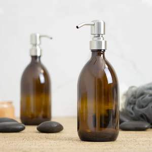 Flacon en verre ambré rechargeable de 500 ml (16 oz) pour <span class=keywords><strong>savon</strong></span> liquide, lotion, flacon <span class=keywords><strong>d</strong></span>'<span class=keywords><strong>apothicaire</strong></span> vide, flacon en verre avec pompe en acier inoxydable - Product Image 5