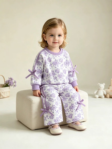 Conjunto de 2 piezas para <span class=keywords><strong>niña</strong></span> pequeña (6M-4T) al por mayor: Sudadera con estampado floral rosa y morado, lazo lateral y pantalón de pierna ancha - Product Image 4