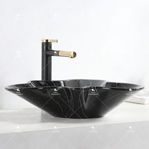 Lavabo hecho a mano de encimera negra con forma especial de grano de mármol blanco, lavabo de cerámica para Baño - Product Image 2
