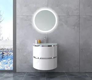 Yüzer duvara monte aynalı banyo Vanity dolapları ahşap Panel cam karton akıllı teknoloji Modern CAD ark yumuşak kapanış