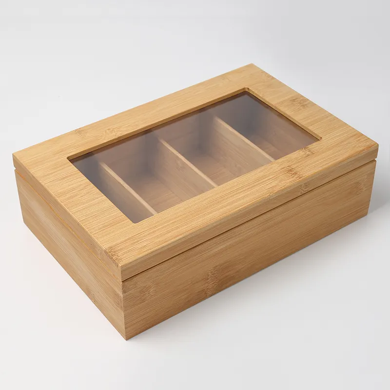 Hot Selling Large Recta ngle Bamboo 4 Fächer Teebeutel Aufbewahrung sbox mit Klappdeckel Easy View Clear Window Top
