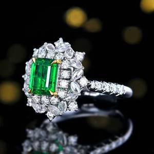 Emerald Halo Engagement <b>Ring</b>,18K Gold 1.35ct Rectangular Natural Emerald Inlaid 60 Pcs White <b>Diamonds</b> Fine Jewelry - Product Image 2