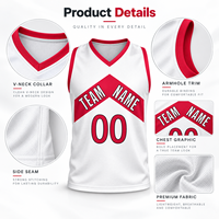 Maillot de basket personnalisé blanc et rouge, col en V, sans manches, pour équipes scolaires et clubs, avec numéro de joueur, uniforme sur mesure pour programmes sportifs