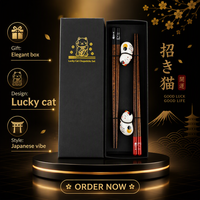 Sumpit Grosir, Sumpit Sushi, Sumpit Kayu Custom Motif Kucing Keberuntungan dengan Tempat Sumpit Keramik, Set Kotak Hadiah