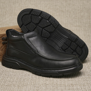 Bottes montantes d'hiver en cuir véritable pour hommes, à enfiler, avec doublure en peluche, bout rond, semelle extérieure en caoutchouc, chaussures habillées isolantes et chaudes - Product Image 3