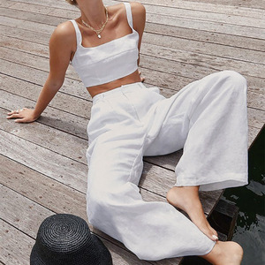 Nouvel ensemble décontracté <span class=keywords><strong>2</strong></span> pièces pour femme 2026 : haut court uni à col halter et pantalon large en lin/coton, blanc, pour l'été - Product Image 3