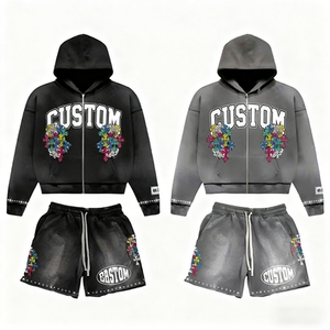 Individuell bedrucktes Trainingsanzug-Set für Herren, Kapuzen pullover mit durchgehendem Reiß verschluss und Shorts Zweiteiliges <span class=keywords><strong>Streetwear</strong></span>-Outfit im Hip-Hop-Stil - Product Image 1
