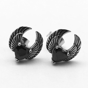 yunnique Stud <b>Earrings</b> <b>Wings</b> Heart Shape Black Zircon Claw Setting Titanium Steel Fashion Jewelry - Product Image 5