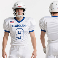 Vêtements de sport cousus de qualité supérieure en gros, maillot de football américain classique blanc et bleu, uniforme d'équipe # 33 # 9